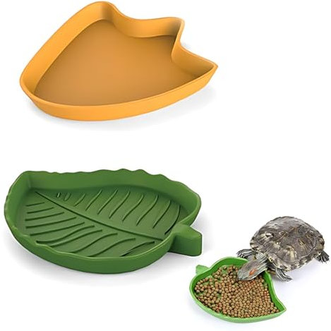 2 Stück Reptilien Wasserschale Futterschale Blatt Futternapf Fußabdruck Futternapf Trinkschale Für Schlange Gecko Landschildkröte (Grün und Gelb)