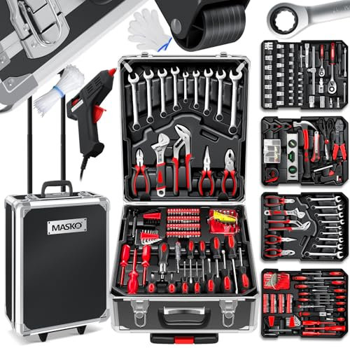 MASKO® Cassetta degli attrezzi portatile con utensili | 969 Pezzi Set di Attrezzi in Valigetta di Alluminio con Ruote per Fai da te | Cassetta porta attrezzi a mano | Strumenti professionali Nero