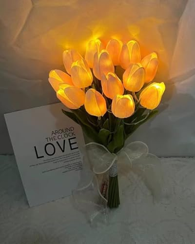 OKSANO LED Tulpen Blumenstrauß mit Beleuchtung, 15 Künstliche Tulpen in Rosa, Dekorative Kunstblumen mit Schleife, 30 cm (Rosa)