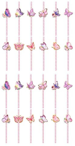 Lot de 24 pailles en papier à rayures sur le thème des papillons pour pique-niques élégantes, pour les fêtes d'anniversaire