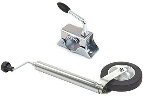 SET | Stützrad | 200 x 50 mm | 150 kg Stützlast | mit Vollgummirad | mit pasendem Klemmhalter Ø 48 mm | Anhänger | Traktor | Trecker | Stützrohr | Schlepper | halbautomatischer Klappvorgang