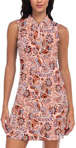 Soneven Sportkleider Damen Sommer Freizeitkleider Kurz Ärmellos Tankkleid Tennis Kleider mit 1/4 Reißverschluss & Taschen für Golf, Alltag, Lässige(Vintage Blumen,M)