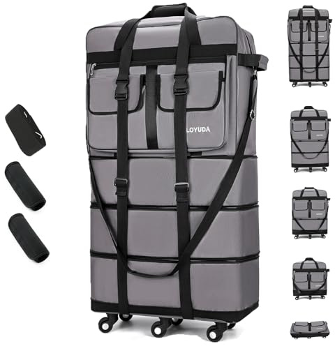 Gloyuda 130L erweiterbares Gepäck, 101,6 cm Koffer mit Rollen, faltbares Gepäck mit Rollen, Rolltasche mit Rollen, faltbarer Koffer mit 2 Griffen, 2 Befestigungsgurten, 1 Schultergurt, Grau, Large