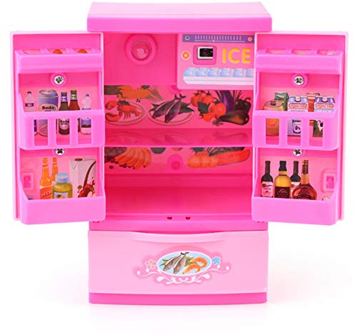 KIMISS Mini Refrigerator Toy, Electric Pink Fridge Kids Children Role Play Educational Household Toys F Life Scenes Simulation Appliance Pretend for 3, 4, 5 Years Old Baby Girls Boys