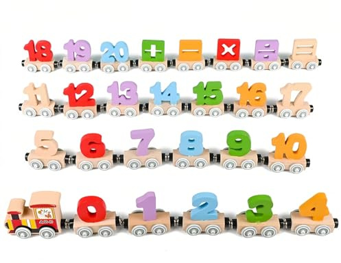 Flanliy 27 Pack Magnetic Zug Holzspielzeug, Montessori Spielzeug ab 3 Jahre, Holzeisenbahn Magnet Spielzeug Kinder, Montessori Zahl Zug Holz Lernspielzeug, Magnetzug Kinderspielzeug ab 3 Jahre (C)