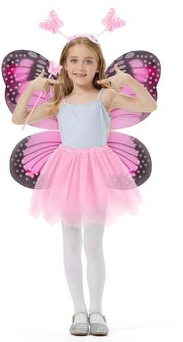 Déguisement de Fée Papillon, 4 Pièces Deguisement Fille-Ailes, Baguette, Serre-tête et Tutu, Déguisement Princesse pour Enfant Fille Carnaval Party