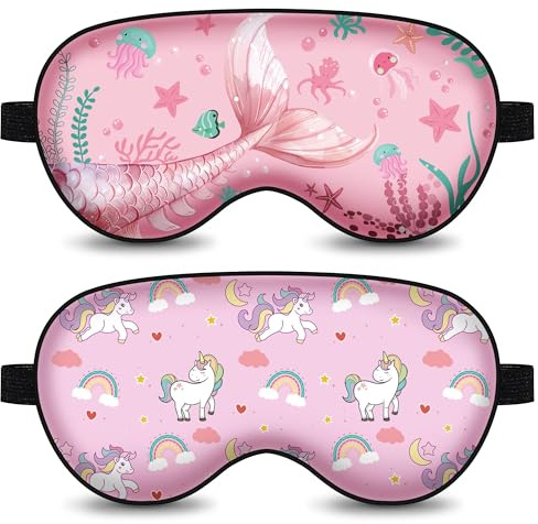 2-pack rosa sovmask för barn, söt enhörning sjöjungfru mörkläggande sovmask, ögonskydd med justerbar rem, mjukt öga ögonbindel för flickor kvinnor hem resefest, hav regnbåge djur ögonbindel