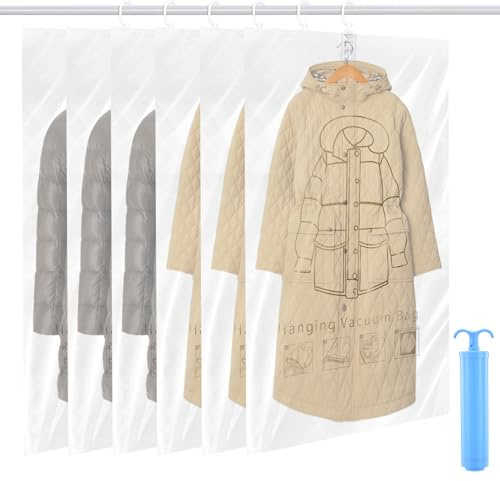 Holtrae 6 Stück Hängend Vakuumbeutel für Kleidung 110x70cm mit Handpumpe Kleidung Wiederverwendbar Haken Platzsparend Staubschutz für Anzüge Mäntel Jackenvor Feuchtigkeit Staub Motten Tierhaaren