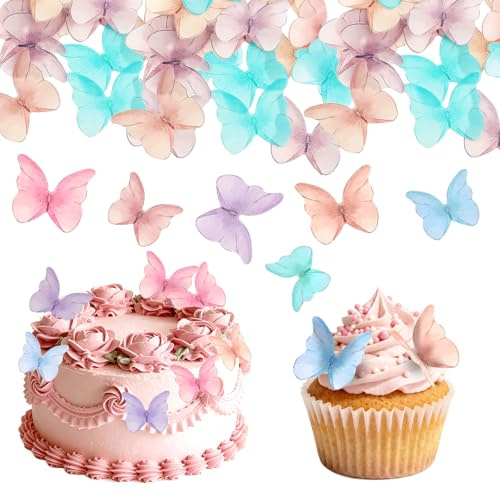 LXUEJIE 48 Pcs Edible Butterflies Cake Topper, Wafer Paper Cupcake Toppers | Colorful Butterfly Cupcake Decorations Glutinous Paper Butterfly Cake Toppers for Wedding Birthday Party Halloween Christmas