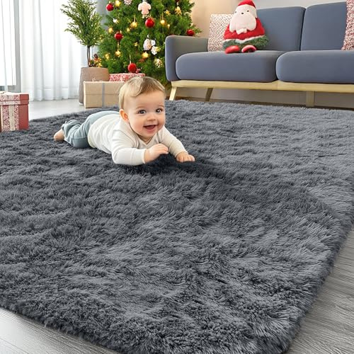 Homaxy Stor, fluffig, halkfri, maskintvättbar matta med hög lugg, för vardagsrum, sovrum, barnkammare, 300 x 400 cm, mörkgrå