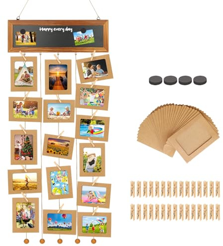 Esyhomi Fotovorhang mit 30 Holzklammern klein, Fotogirlande Fotoleine DIY Kraftpapier Bilderrahmen, Bilderrahmen Collage Fotowand Fotoseil für Wohnkultur Geburtstag Hochzeit Party Weihnachten