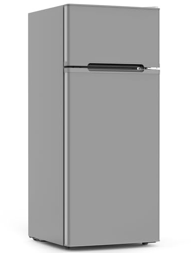 COWSAR 4.5 Cu.Ft Dorm Fridge With Freezer, 2-Door Compact Refrigerator With 2 Removable Shelves, 3 Level Adjustable Thermostat, Commercial Office Fridge for Bedroom, Kitchen, Apartment, Dorm, Grey