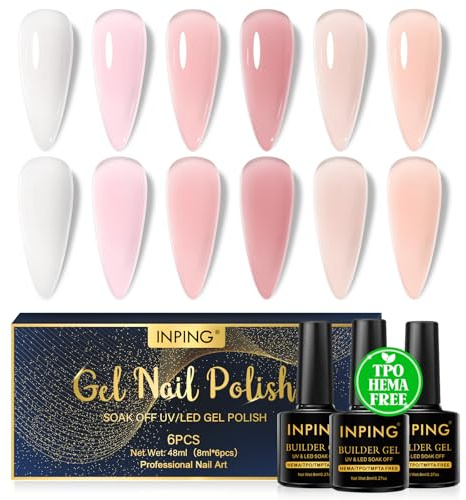 INPING 8-i-1 uppbyggnadsgel för gelnaglar, TPO-FREE HEMA-FREE, 6 färger klar vit rosa naken för snabb förlängning builder gel Base Top Coat UV nagellack för naglar i en flaska perfekt present till