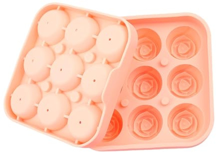 Wellrun 9 Cavity Rose Silicone Ice Cube Tray,3D Flower Ice Ball Maker for Whiskey,Cocktails,Iced Drinks,Juice,Coffee,Reusable Non Stick Mold with Lid for Freezer and Party(Pink)