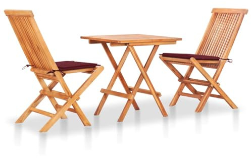PUGYNBK 3-TLG. Bistroset aus massivem Teakholz mit weinroten Sitzkissen, klappbarer Tisch und Stühle für Garten, Terrasse oder Esszimmer