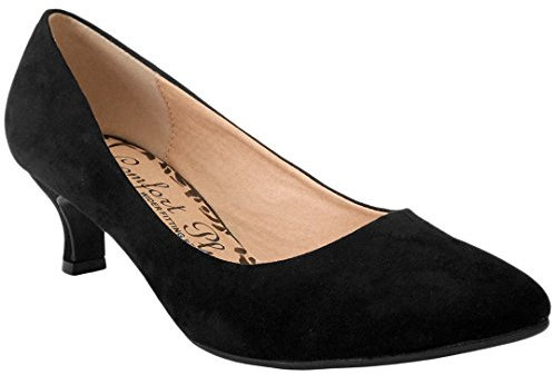 Comfort Plus Ladies Kitten Heels Womens Flexi Sole Court Shoes Pumps Wide E Fitting Classic Casual Formal Wider Fit Work Office Comfy Smart Comfortable Slip On Shoe Low Mid Heel(Black Suede, UK 7)