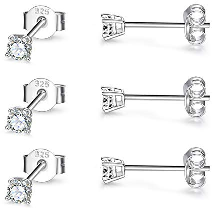 EPIRORA Sterling Silver Stud Earrings for Women Men- 3 Pairs 3mm Tiny Ball Stud Earrings Round CZ Earrings Pearl Earrings Set Cartilage Small Tragus Earrings