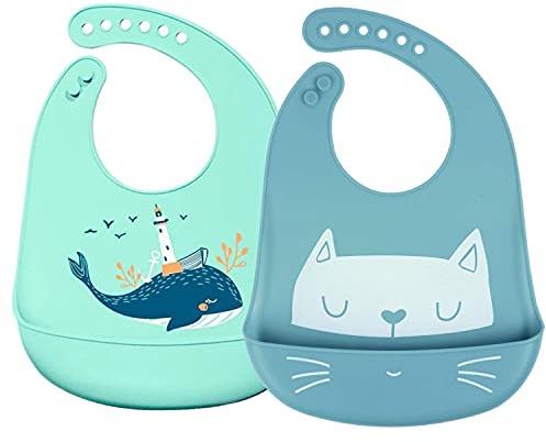 Bavaglini per bebè impermeabili in silicone flessibile morbido da 6 mesi a 6 anni, grandi, regolabili, unisex, impermeabili