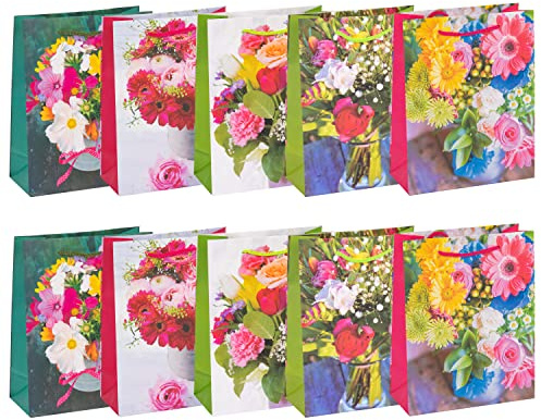 Idena 90073 - Geschenktasche Flowers, 10 Stück, farblich sortiert, Mitbringsel, Geschenktüte, Geburtstag