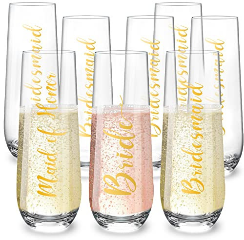 Qooenz Bridesmaids Champagne Flutes Set of 8-9.3oz Champagne Glasses for Bride Bridesmaids Maid of Honor - Mimosa Cocktail Glasses - Proposal Gifts for Bridal Shower Bachelorette Party Wedding