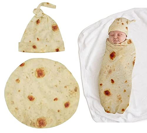 Petyoung Juego de manta envolvente de burrito para bebé recién nacido con sombrero, manta suave con patrón de tortilla, regalo para baby shower