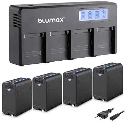Blumax 4X Akku NP-F980 / NP-F970-10050mAh (USB) LG Zellen + LCD 4-Kanal Schnell-Ladegerät | kompatibel mit Sony NP-F570 NP-F960 für Blitzgeräte Videoleuchten Fieldmonitore