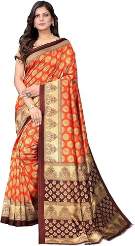IMTRA FASHION Sari De Seda De Arte Impreso Naranja Tradicional Indio Con Pieza De Blusa-SELENA ORANGE