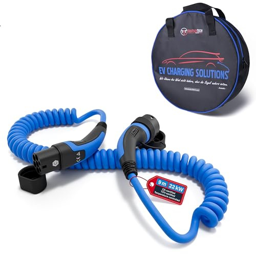 TEUTSCHTECH, EV Ladekabel Spiral I Blau I 9M I TYP2 auf TYP2 I 22kW I 3X32A I 3-phasig I Nutzbare Länge ca. 5,5M I Mit Lade- Temperaturüberwachung und Schutz vor Brand