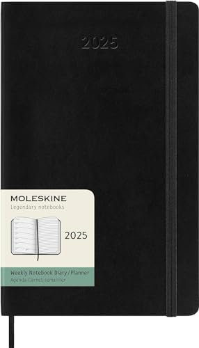 Moleskine Weekly Planner, Agenda Settimanale con Spazio per Note 12 Mesi 2025, Copertina Morbida e Chiusura Elastica, Colore Nero, Formato Large 13x21 cm