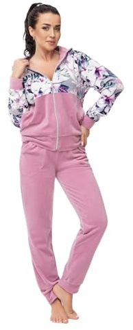 LEVERIE Trendig wellnessdräkt för damer/hemmadräkt/träningsoverall (tillverkad i EU) med snygg sweatjacka och bekväma byxor, Rosa med blommönster, L