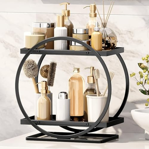 Funtabee Make-up-Organizer und Aufbewahrung, 2-stöckiges Kosmetik-Display-Tablett für Badezimmer-Theke, Kaffeestation und Gewürz-Organizer (schwarz)