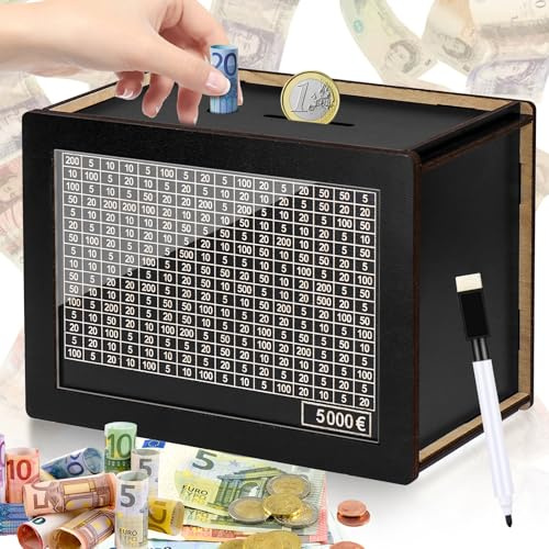 Kkluno Spardose 5000 Euro mit Zähler – Wiederverwendbare Holz Sparbox mit Zahlen Ankreuzen, Schwarze Design-Spardose zur Finanzmotivation, Geldsparbox für Erwachsene, Geschenk & Dekoidee
