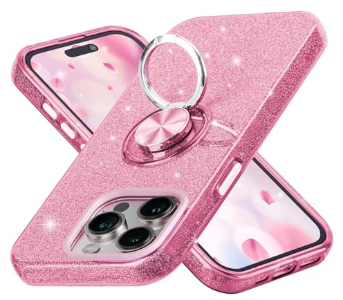 wisdompro Cover Glitter per iPhone 15 Pro Max con Supporto ad Anello a 360°, Custodia per iPhone 15 Pro Max, Protezione Completa, Antiurto a 3 Strati (Rosa)