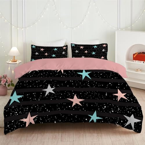 dyausi Sterne Bettwäsche 155x220 Rosa Blau Schwarz, Cartoon Sternenhimmel Bettbezug 2 teilig, Niedlich Streifen Wend Bettwäsche Microfaser, Deckenbezug mit Reißverschluss und 1 Kissenbezug C55
