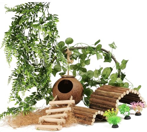10PCS Crested Gecko Tank Accessories, Reptile Plants Bridge Vines, Coconut Shell with Ladder for Lizard, Chameleon Cage, Snakes, Hermit Crab, Leopard Gecko Tank Accessories, Terrarium Decor