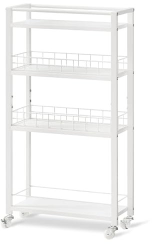 HOOBRO Rollwagen mit 4 Ebenen, Nischenregal, Rollwagen schmal, Küchenwagen schmal, Küchenwagen mit Körben, für Küche, Bad, Esszimmer, Waschküche, Weiß EWW17TC01