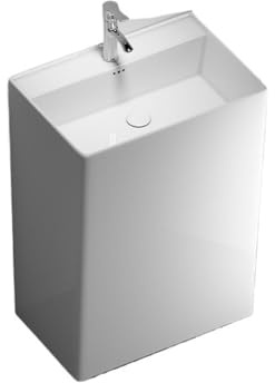 Classique Lavabo sur pied en porcelaine blanche moderne, ensemble lavabo sur pied monobloc avec robinet argenté et kit de vidange Pratique