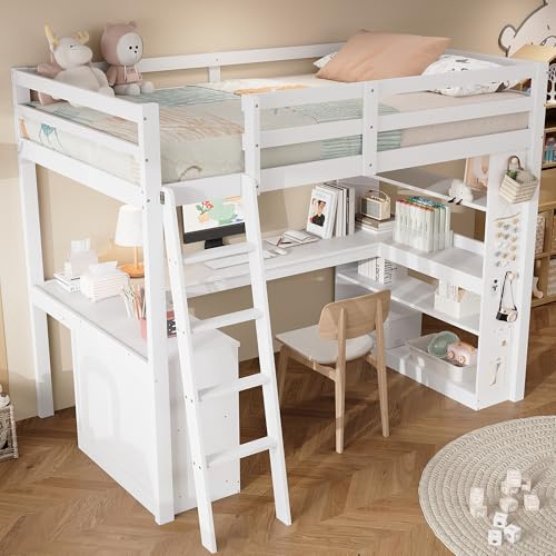 SUKY Cama alta, 90 x 200 cm, cuna, práctico estante de almacenamiento, barandilla de seguridad, paño de fieltro para colgar objetos, deslizadores estables, pino + aglomerado + madera contrachapada