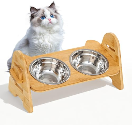 WIYETY 4 Höhen Erhöhte Hundenapf: Holz Futterstation mit 2 Edelstahl Fressnapf, Futterstation Hund, 4 Gänge Einstellbar Futternapf Hunde für Mittelgroße Kleine Hunde(6cm/8.5cm/10.5cm/13.5cm)