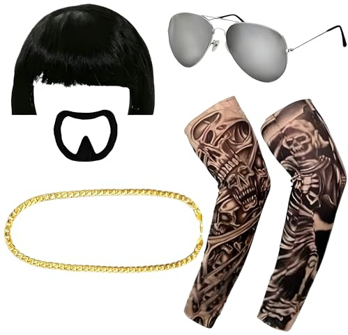 MOSNOW 5pcs Ibiza Final Boss Costume Accessory Set for Men - Complete Funny Fancy Dress Kit with Wig, Goatee, Sunglasses, Gold Chain & Tattoo Sleeve - Party Costume for Men