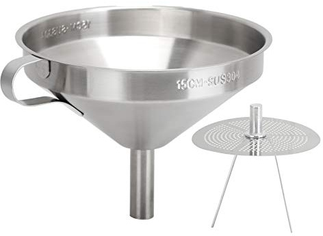 Culnflun Embudo de cocina de acero inoxidable 304 de 15 cm de diámetro, embudos para uso en la cocina, botellas de llenado con filtro desmontable para aceite, vino e ingredientes (Embudo 304: 15 cm