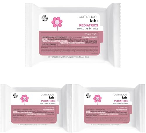 Cumlaude Lab Toallitas Íntimas Pediátricas, 15 Unidades, Limpiadoras y Refrescantes, pH Fisiológico (Paquete de 3)