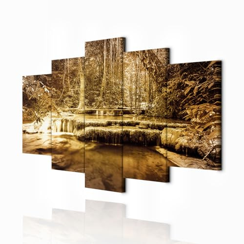 decomonkey Wandbilder Wald Wasserfall 225x112.5 cm XXL 5 Teilig Kunstdruck | Leinwandbilder, Bild auf Leinwand, Wanddeko, Wohnzimmer, Wanddekoration, Natur