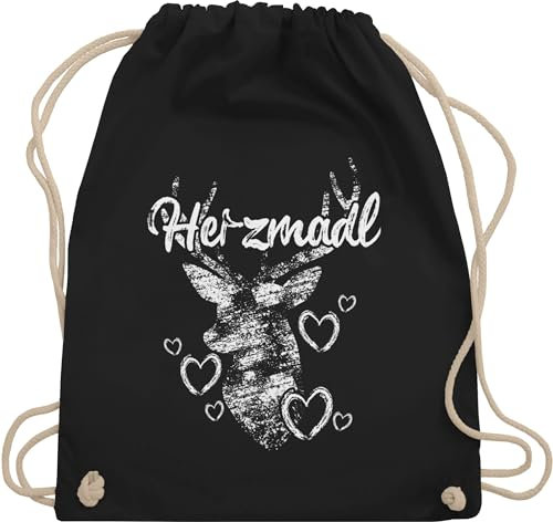 Turnbeutel Rucksack - Kompatibel mit Oktoberfest Tasche - Herzmadl Hirsch - Unisize - Schwarz - stoffbeutel trachten trachtenrucksack bayrische geweih beutel trachten+rucksack trachtentaschen