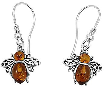 Kiara smycken 925 sterlingsilver flygande bi fiskkrok örhängen infällda med brun baltisk bärnsten.