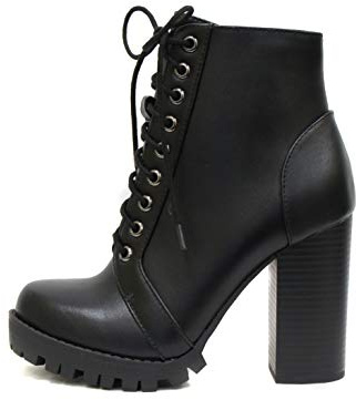 Soda Chalet – Fashion Lace up Military Inspired Ankle Boot with Stacked Heel and Side Zipper (Black, 8)