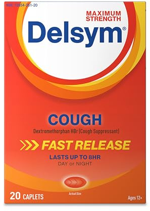Delsym Maximum Strength Cough Suppressant, Over-the-Counter Medication for Cough, Fast Release Caplets with Dextromethorphan HBr, Cough Medicine for Adults Lasts Up to 8 Hours Day or Night, 20 Count