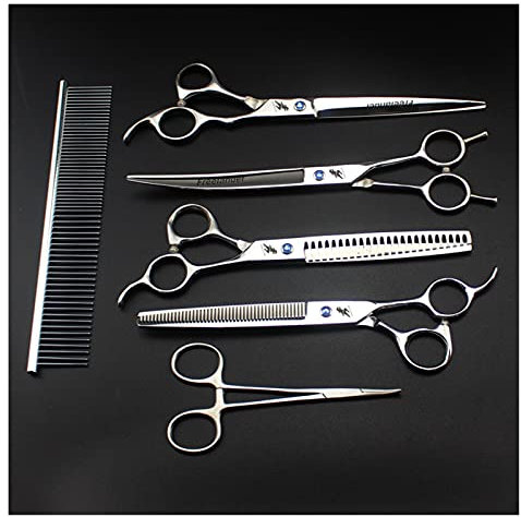 Cisailles pour couper les cheveux Set de ciseaux de toilettage professionnel de 8,0 pouces, peigne, cisailles droites et courbes de chien, amincissement des os de poisson animal Kit de coupe de cheveu