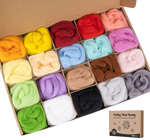 Homewit Filzwolle, 20 Farben je 10 Gramm, 200g Filzwolle DIY Dekorativen Woll zum Stricken Trockenfilzen und Nassfilzen, Natürliche Schafwolle zum Filzen von Elfen und Feen | 20 Farben je 10g Filzen Starterset, Große Kapazität Filzset für Anfänger, Natürlich Märchenwolle zum Bastelfilz Nadelfilzen