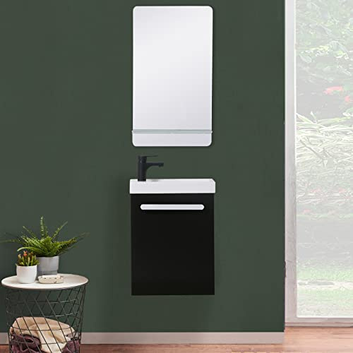 MOB-IN Meuble Lave-Mains Nevada Noir Carbone + Robinet Noir+Miroir Tablette Blanche